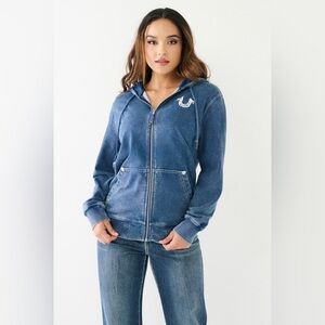 True Religion TR Puff Print Boyfriend Hoodie Indigo Small
